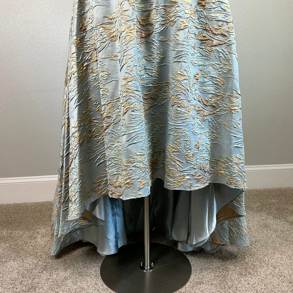 Mac Duggal 11608 Metallic Floral High Low Evening Gown Blue + Gold Size 14 Dress - Picture 9 of 12